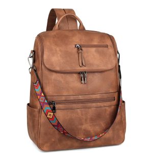 FADEON Leather Laptop Backpack for Women, Designer Travel Backpack with Laptop Compartment, Brown Women’s Computer Bag